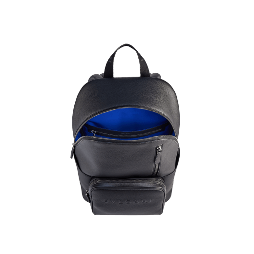 BULGARI Man large backpack in black smooth and grainy metal-free calf leather with Olympian sapphire blue regenerated nylon (ECONYL®) lining. Dark ruthenium-plated brass hardware, hot stamped BULGARI logo and zipped closure. 291922 image 5