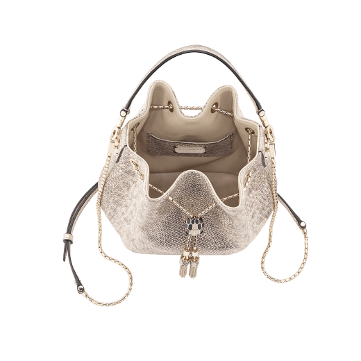 "Serpenti Forever" bucket in mint metallic karung skin and black nappa internal lining. Hardware in light gold plated brass and snakehead closure in black and white agate enamel, with eyes in black onyx. 934-MK image 4