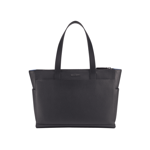 BULGARI Man large horizontal tote bag in ivy onyx grey smooth and grainy metal-free calf leather with Olympian sapphire blue regenerated nylon (ECONYL®) lining. Dark ruthenium-plated brass hardware, hot stamped BULGARI logo and zipped closure. BMA-1211-CL image 3