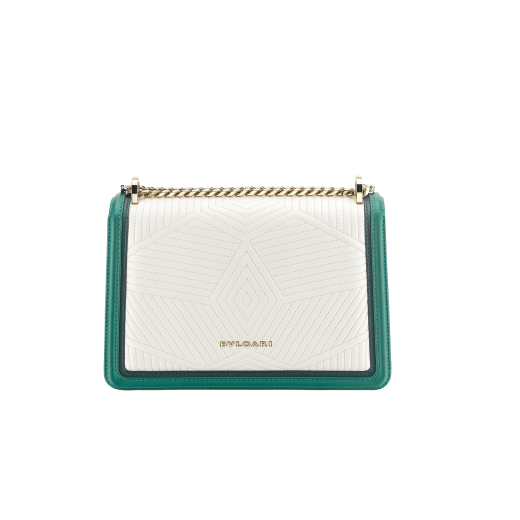 “Serpenti Diamond Blast” shoulder bag in white agate quilted nappa leather and emerald green smooth calf leather frames. Iconic snakehead closure in light gold-plated brass enriched with matte black and shiny emerald green enamel and black onyx eyes. 922-FQDf image 3