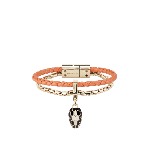 Serpenti Forever bracelet in coral carnelian orange braided calf leather, with light gold-plated brass chain and magnetic clasp closure. Captivating snakehead charm with black and white agate enamel scales and black enamel eyes. SERPBRAIDCHAIN-WCL-CC image 1