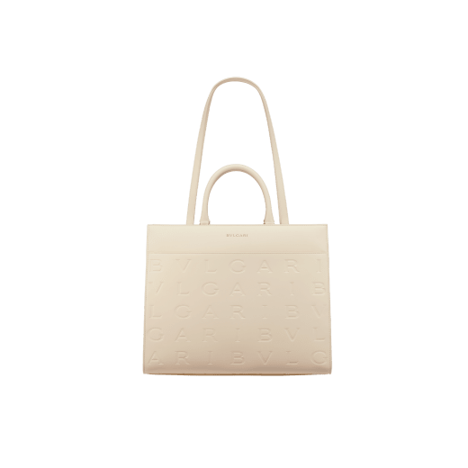Bvlgari Logo tote bag in black calf leather with hot stamped Infinitum Bvlgari logo pattern and plain Teal Topaz green grosgrain lining. Light gold-plated brass hardware BVL-1201 image 1