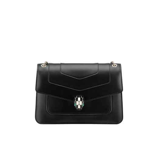 Serpenti Forever medium shoulder bag in black calf leather with emerald green grosgrain lining. Captivating snakehead closure in light gold-plated brass embellished with black and white agate enamel scales and green malachite eyes. 1077-CLa image 1