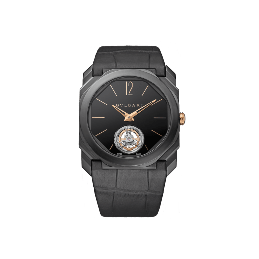 Octo Finissimo Tourbillon watch with extra-thin mechanical manufacture movement, manual winding, ball-bearing system and tourbillon, titanium case with Diamond Like Carbon treatment, black lacquered dial with tourbillon see-through opening and black alligator bracelet. Water-resistant up to 30 metres. 103678 image 1