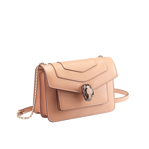 “Serpenti Forever” crossbody bag in mint calf leather. Iconic snakehead closure in light gold plated brass enriched with black and white agate enamel and green malachite eyes. 1082-CLb image 2