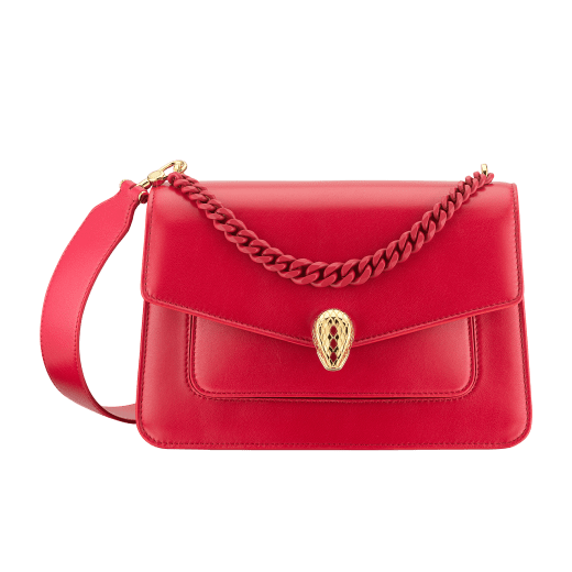 "Serpenti Forever" maxi chain crossbody bag in Amaranth Garnet red nappa leather, with Pink Spinel fuchsia nappa leather internal lining. New Serpenti head closure in gold plated brass, finished with small red carnelian scales in the middle and red enamel eyes. 1138-MCNa image 1