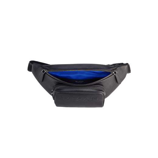 BULGARI Man small belt bag in Olympian sapphire blue smooth and grainy metal-free calf leather with Olympian sapphire blue regenerated nylon (ECONYL®) lining. Dark ruthenium-plated brass hardware, hot stamped BULGARI logo and zipped closure. BMA-1209-CL image 4