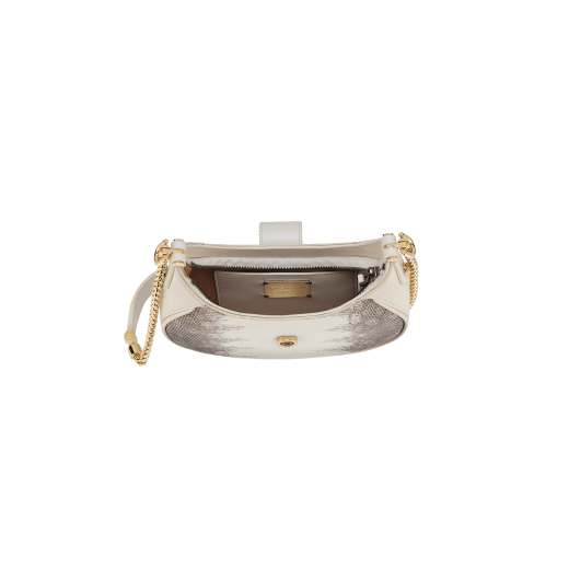 Serpenti Ellipse small crossbody bag in white agate shiny lizard skin with beige and grey shades, and with caramel topaz beige nappa leather lining. Captivating snakehead closure in gold-plated brass embellished with black onyx scales and red enamel eyes. 291738 image 4