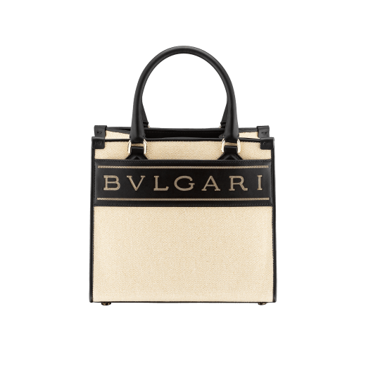 "Bvlgari Logo" small tote bag in Natural beige canvas, with black grosgrain inner lining. Bvlgari logo featured with light gold-plated brass chain inserts on the black calf leather. BVL-CC image 1