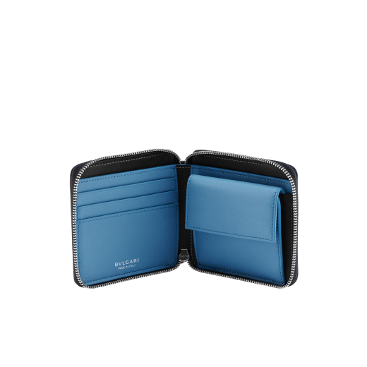 B.zero1 Man zip-around wallet in black matt calf leather with niagara sapphire blue nappa leather interior. Iconic dark ruthenium and palladium-plated brass embellishment, and zip-around closure. 291730 image 2