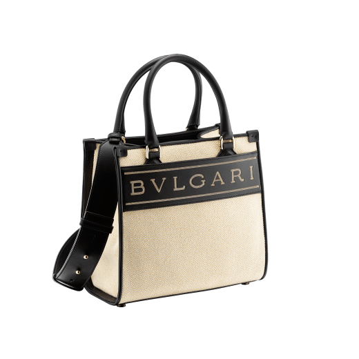 "Bvlgari Logo" small tote bag in Natural beige canvas, with black grosgrain inner lining. Bvlgari logo featured with light gold-plated brass chain inserts on the black calf leather. BVL-CC image 2