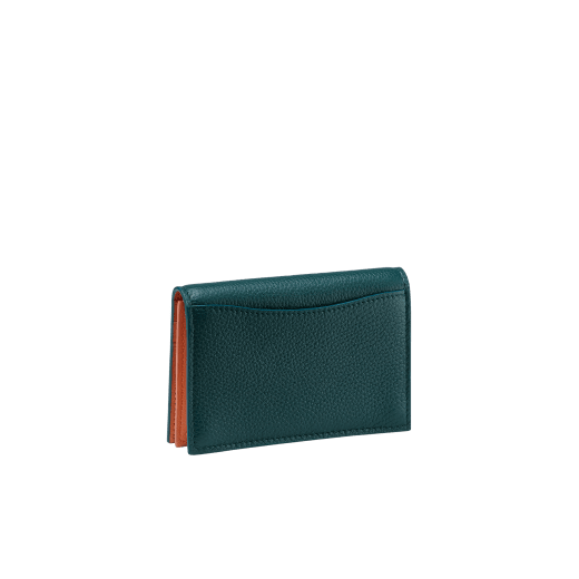 "BVLGARI BVLGARI" business card holder in denim sapphire soft full grain calf leather and capri turquoise calf leather, with brass palladium plated logo décor coloured in capri turquoise enamel. BBM-BC-HOLD-SIMPLE-sfgcl image 3