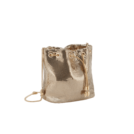 Serpenti Forever mini bucket bag in shiny gold nappa leather with light gold-plated brass metal mesh. Captivating snakehead drawstring and chain strap decors in light gold-plated brass. 291694 image 2