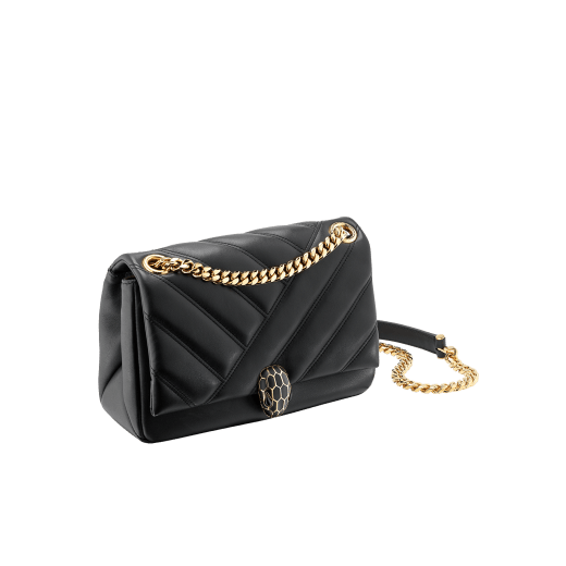 Serpenti Cabochon small shoulder bag in white agate soft matelassé calf leather with black nappa leather lining. Captivating snakehead closure in light gold-plated brass embellished with shiny black and white agate enamel scales and black onyx eyes. 1094-NSM image 2