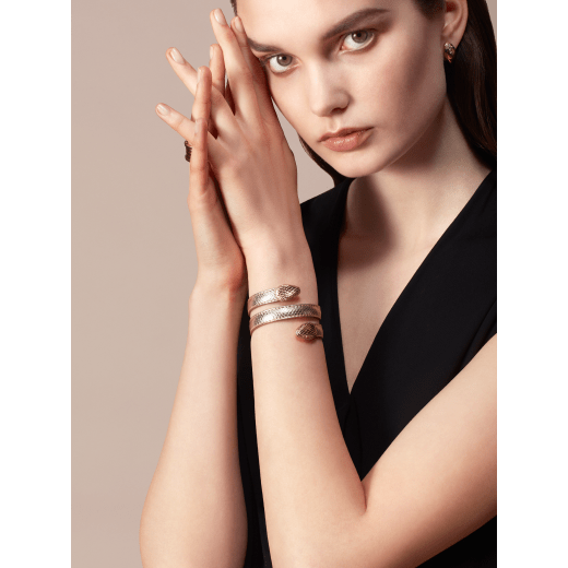 "Serpenti Forever" multi-coiled rigid Cleopatra bracelet in light gold "Molten" karung skin. New double Serpenti head décor in light gold plated brass, finished with red enamel eyes. Cleopatra-MoltenK-LG image 3
