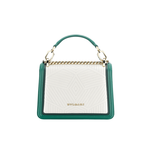 “Serpenti Diamond Blast” crossbody bag in white agate quilted nappa leather and emerald green smooth calf leather frames. Tempting snakehead closure in light gold-plated brass enriched with matte black and shiny emerald green enamel and black onyx eyes. 1063-FQDa image 3