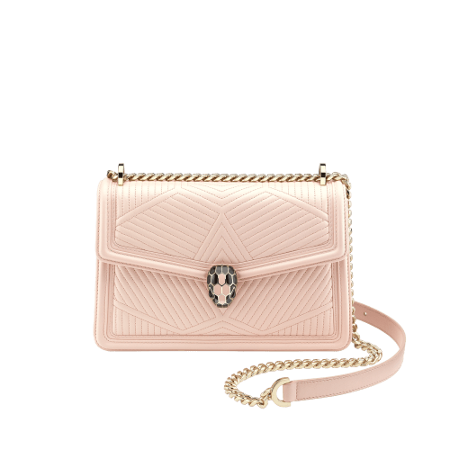 “Serpenti Diamond Blast” shoulder bag in crystal rose quilted nappa leather body and crystal rose calf leather frames. Iconic snakehead closure in light gold plated brass enriched with black and crystal rose enamel and black onyx eyes 287331 image 1
