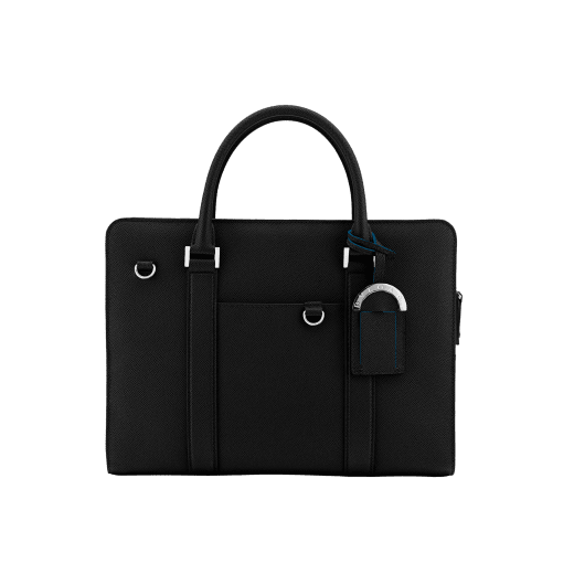 Zipped briefcase in black grain calf leather with brass palladium plated hardware.Various zipped and open pockets inside, adjustable and detachable strap with shoulder protection and external open pocket. BBM-001-0655S image 1