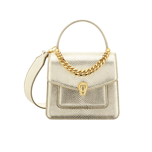 "Serpenti Forever" small maxi chain top handle bag in peach nappa leather, with Lavander Amethyst lilac nappa leather internal lining. New Serpenti head closure in gold plated brass, finished with small pink mother-of-pearl scales in the middle and red enamel eyes. 1133-MCNb image 1