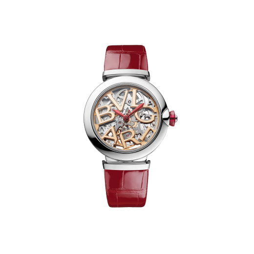 LVCEA Skeleton watch with mechanical manufacture movement, automatic winding, stainless steel case, openwork BVLGARI logo dial and red alligator bracelet 102879 image 1