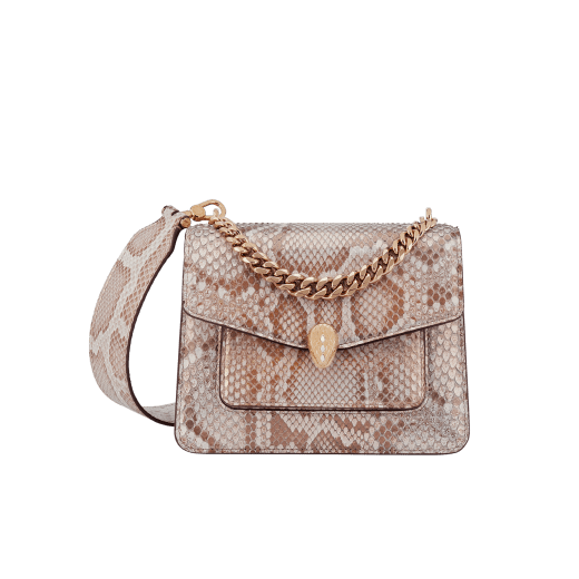 Serpenti Forever Maxi Chain medium crossbody bag in coral carnelian orange Mystical python skin with coral carnelian orange nappa leather lining. Captivating snakehead closure in rose gold-plated brass embellished with mother-of-pearl scales and red enamel eyes. MC-MP-CC image 1