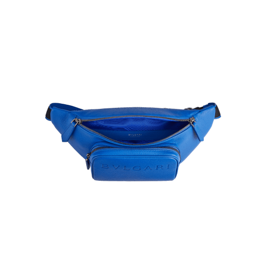 BULGARI Man small belt bag in Olympian sapphire blue smooth and grainy metal-free calf leather with Olympian sapphire blue regenerated nylon (ECONYL®) lining. Dark ruthenium-plated brass hardware, hot stamped BULGARI logo and zipped closure. BMA-1209-CL image 5