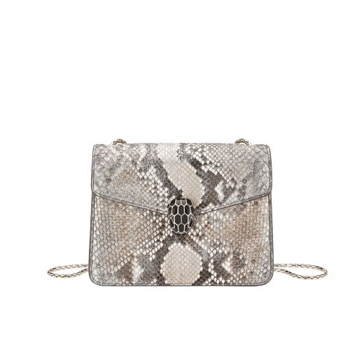“Serpenti Forever” crossbody bag in roccia "Mineral" python skin. Iconic snakehead closure in light gold plated brass enriched with black and hawk's eye enamel, and black onyx eyes. 422-Pd image 1