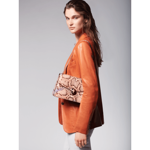 Serpenti Forever shoulder bag in multicolour Early Bright python skin with caramel topaz beige nappa leather lining. Captivating snakehead closure in light gold-plated brass embellished with black and caramel topaz beige enamel scales and black onyx eyes. 291720 image 6