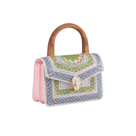Casablanca x Bulgari small top handle bag in soft grain printed calf leather featuring a Roman mosaic pattern, with dusty pink calf leather sides and dusty pink grosgrain lining. Captivating snakehead magnetic closure in gold-plated brass embellished with multicolor enamel scales and blue jade eyes. 292417 image 2