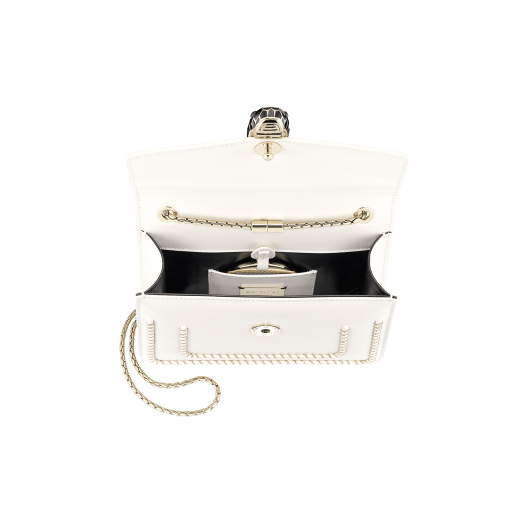 “Serpenti Forever” crossbody bag in black calf leather, featuring a Woven Chain motif. Iconic snakehead closure in light gold plated brass enriched with shiny black enamel and black onyx eyes 422-WC image 4