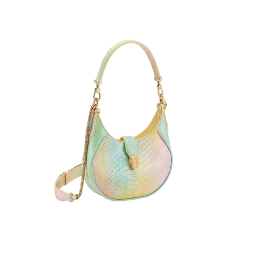 Serpenti Ellipse small crossbody bag in multicolour Spring Shade python skin with sunbeam citrine yellow nappa leather lining. Captivating snakehead closure in gold-plated brass embellished with white mother-of-pearl scales and red enamel eyes. 291736 image 2