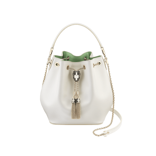 "Serpenti Forever" bucket in white agate smooth calf leather and mint nappa internal lining. Hardware in light gold plated brass and snakehead closure in black and white agate enamel, with eyes in black onyx. 934-CLa image 1