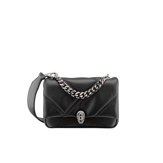 "Serpenti Cabochon" maxi chain crossbody mini bag in soft quilted black calf leather, with a maxi graphic motif, and black nappa leather internal lining. New Serpenti head closure in dark ruthenium-plated brass and finished with small black onyx scales in the middle and red enamel eyes. 1164-NSM image 1