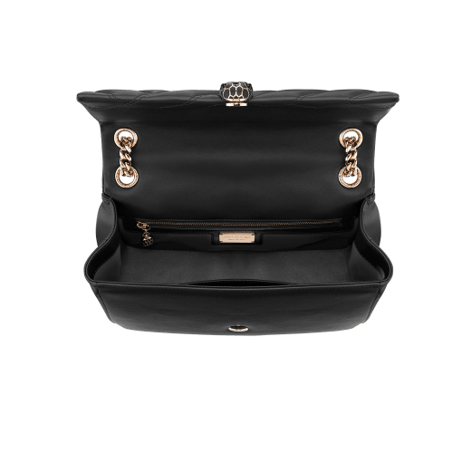 Serpenti Cabochon shoulder bag in soft matelassé white agate nappa leather with graphic motif and white agate calf leather. Snakehead closure in rose gold plated brass decorated with matte black and white enamel, and black onyx eyes. 979-NSM image 4