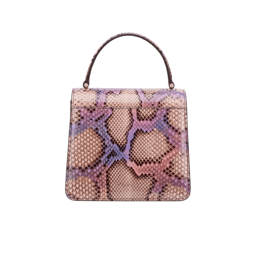 Serpenti Forever top handle bag in multicolour Early Bright python skin with caramel topaz beige nappa leather lining. Captivating snakehead closure in light gold-plated brass embellished with black and caramel topaz beige enamel scales and black onyx eyes. 291721 image 3