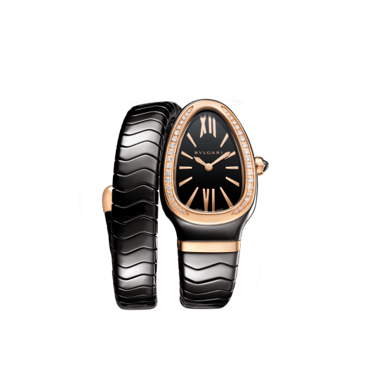 Serpenti Spiga single spiral watch with black ceramic case, 18 kt rose gold bezel set with brilliant cut diamonds, black lacquered dial, black ceramic bracelet with 18 kt rose gold elements. 102532 image 1