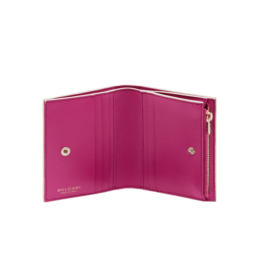 Bulgari Logo compact wallet in Ivory Opal white calf leather with hot stamped Infinitum Bulgari logo pattern and plain Pink Spinel nappa leather lining. Light gold-plated brass hardware BVL-COMPACTWLT image 2