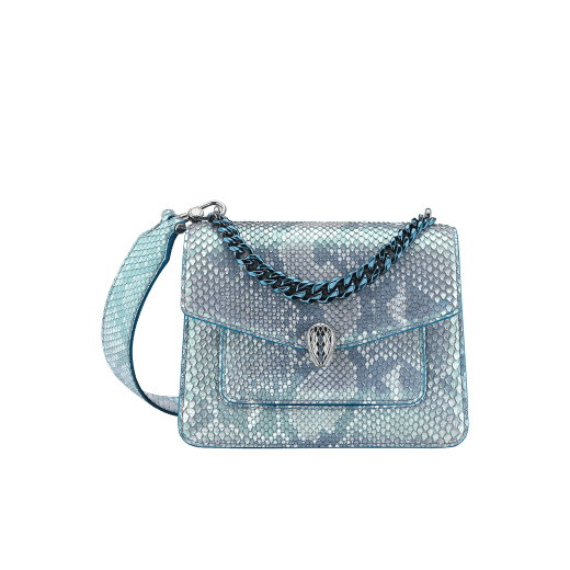 "Serpenti Forever" small maxi chain crossbody bag in Aquamarine light blue "Afterglow" python skin with a pearled effect, and an Aquamarine light blue nappa leather internal lining. New Serpenti head closure in dark ruthenium-plated brass, finished with small grey mother-of-pearl scales in the middle, and red enamel eyes. MCN-AP-A image 1