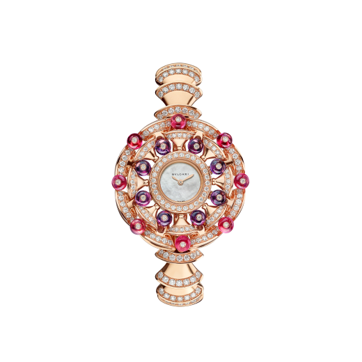 DIVAS' DREAM watch with 18 kt rose gold case set with brilliant-cut diamonds, round shaped rubellites and amethysts beads, white mother-of-pearl dial and 18 kt rose gold bracelet set with brilliant-cut diamonds 102080 image 1