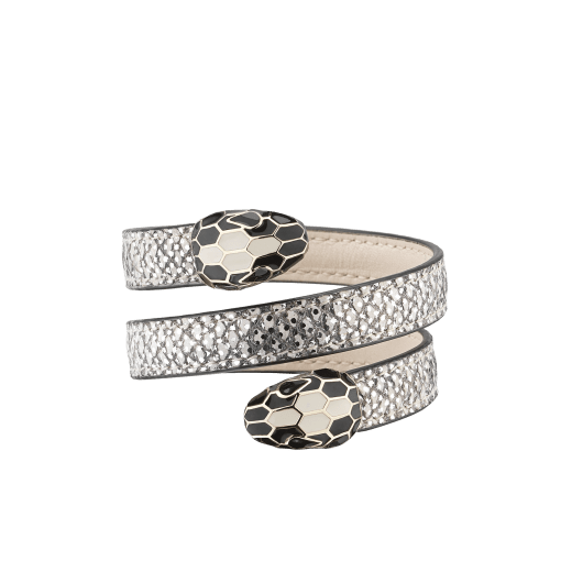 Serpenti Forever multi-coiled rigid Cleopatra bracelet in white agate metallic karung skin, with light gold brass plated hardware. Iconic double snakehead décor in black and white agate enamel, with black enamel eyes. Cleopatra-MK-WA image 1