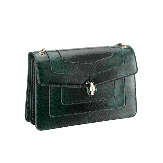 “Serpenti Forever” shoulder bag in Forest Emerald green shiny karung skin with zircon bay gros grain internal lining. Iconic snakehead closure in light gold plated brass and enriched with black and white agate enamel and green malachite eyes. 290564 image 2