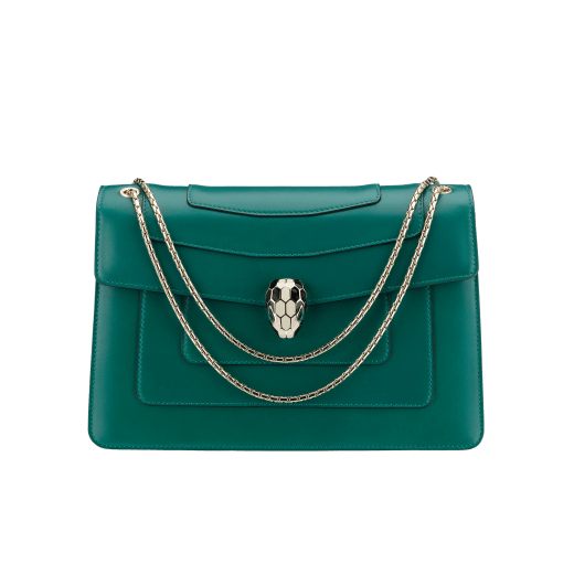 Black calf leather shoulder bag with brass light gold plated black and white enamel Serpenti head closure with malachite eyes. 521-CLa image 2