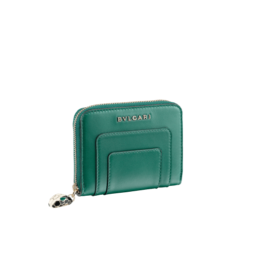 Serpenti Forever mini zipped wallet in daisy topaz and crystal rose calf leather. Iconic snake head zip puller in black and white agate enamel with emerald green enamel eyes. SEA-WLT-MINI-ZIP-CLa image 1