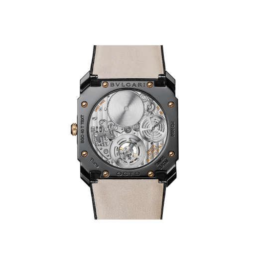 Octo Finissimo Tourbillon watch with extra-thin mechanical manufacture movement, manual winding, ball-bearing system and tourbillon, titanium case with Diamond Like Carbon treatment, black lacquered dial with tourbillon see-through opening and black alligator bracelet. Water-resistant up to 30 metres. 103678 image 3