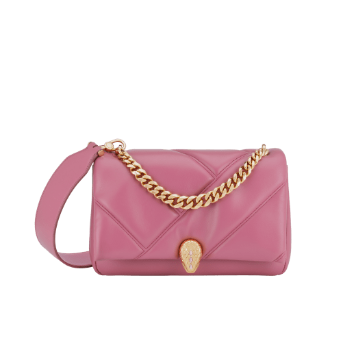 "Serpenti Cabochon" small maxi chain crossbody bag in soft quilted Blush Quartz pink calf leather, with a maxi graphic motif, and Deep Garnet bordeaux nappa leather internal lining. New Serpenti head closure in gold plated brass, finished with small pink mother-of pearl scales in the middle and red enamel eyes. 1165-NSM image 1