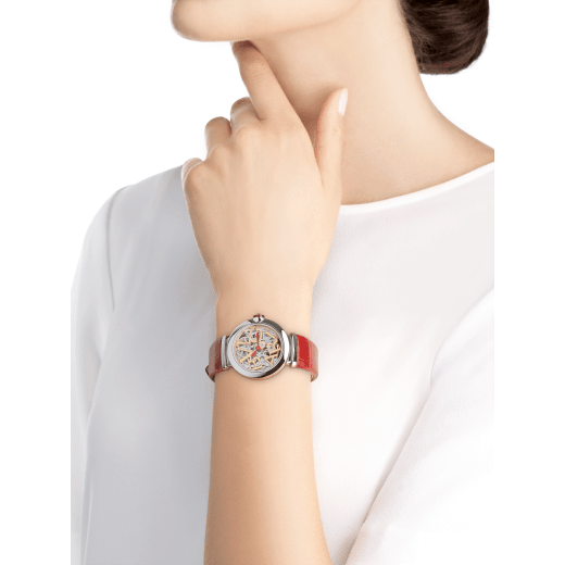 LVCEA Skeleton watch with mechanical manufacture movement, automatic winding, stainless steel case, openwork BVLGARI logo dial and red alligator bracelet 102879 image 4