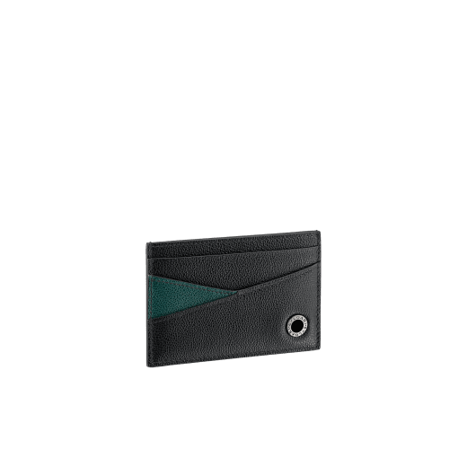 "BVLGARI BVLGARI" men's card holder in black and Forest Emerald green "Urban" grain calf leather. Iconic logo embellishment in dark ruthenium-plated brass with black enamelling. BBM-CCHOLDERASYM image 1