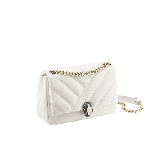 Serpenti Cabochon shoulder bag in soft matelassé white agate nappa leather with graphic motif and white agate calf leather. Snakehead closure in rose gold plated brass decorated with matte black and white enamel, and black onyx eyes. 981-NSM image 2