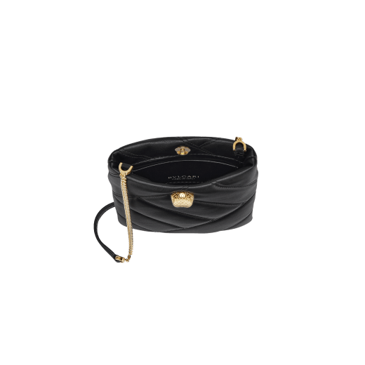 Serpenti Cabochon smart hybrid case in soft, black calf leather with maxi matelassé pattern and black nappa leather interior. Captivating, magnetic snakehead closure in gold-plated brass with with red enamel eyes. SCB-HYBRID image 2