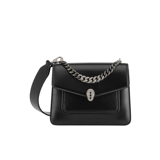 Serpenti Forever Maxi Chain small crossbody bag in black palmellato leather with black nappa leather lining. Captivating snakehead closure in palladium-plated brass embellished with black onyx scales and red enamel eyes. MCN-PL-B image 1